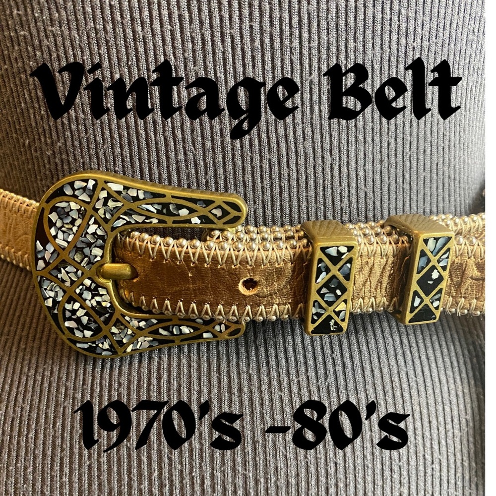 Vintage women’s belt, 1970’s-80’s, metallic bronze leather w/ abalone inlay, sm